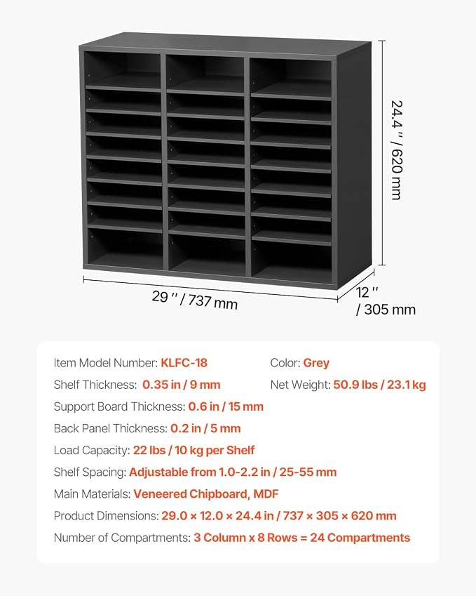 VEVOR Literature Organizer, 24 Compartments Office Mailbox with Adjustable Shelves, Wooden Mailbox Sorter Medium Density Fiberboard Office Home Classroom Storage for Files, Documents, Papers, Grey - Image 7