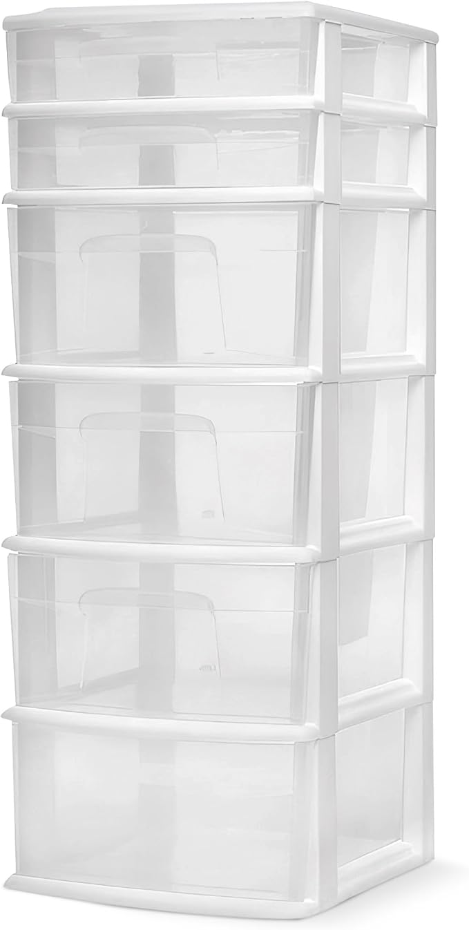HOMZ Drawer Tower, 6-Tier Storage Cart with Removable Wheels, White Frame | Plastic Organizer with Clear Bin Drawers for Bedroom, Bathroom, Home Office, and Dorm Rooms by Homz