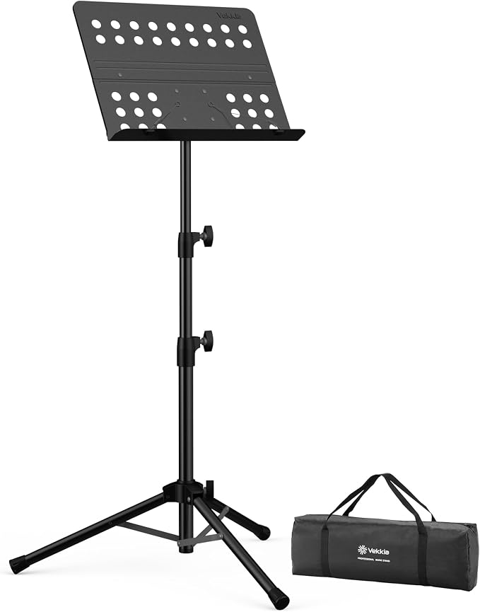 Vekkia Metal Professional Portable Perforated Sheet Music Stand | Folding Adjustable Holder/with Carrying Bag/Sturdy for Instrumental Performance, Band & Travel by Vekkia