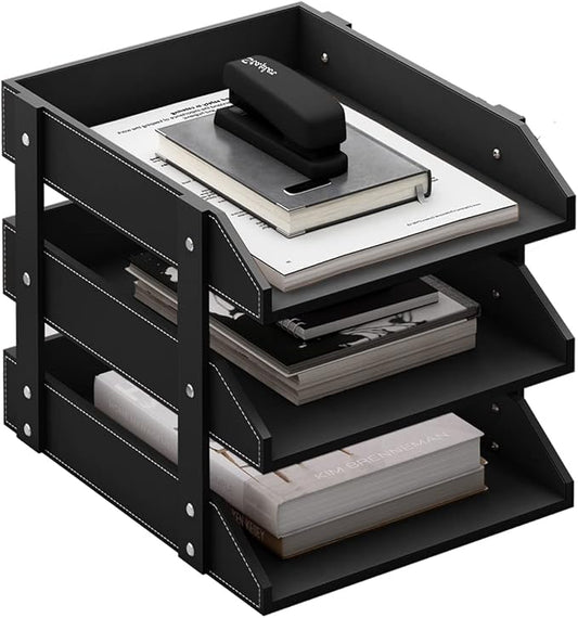 Leather Desk Organizer, Thipoten 3-Tier Stackable Letter Tray Holder for Office Supplies, Paper, File, Magazine, Perfect Office Organization for Desktop (Black-3Tiers) by THIPOTEN