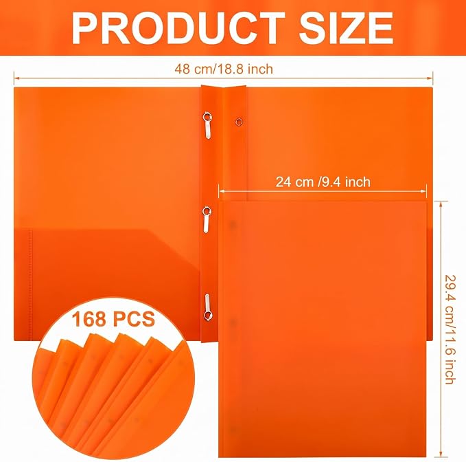 Cholemy 168 Packs Pocket Folders with Prongs Heavy Duty Plastic Folder with Business Card Slot 3 Prong Fasteners for School Office (Orange) - Image 2