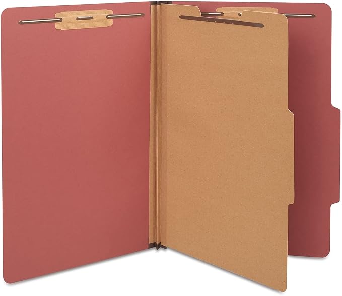 Staples Pressboard Classification Folder, Legal Size, 2/5‑Cut Top Tab, 1 Divider, Red, Durable Construction, 10/Box by Staples