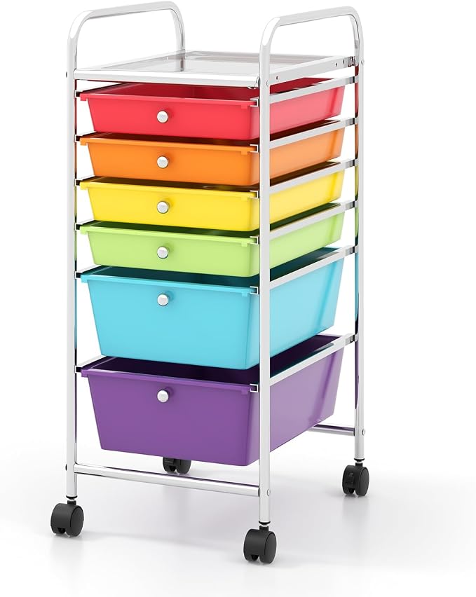 COSTWAY 6-Drawer Rolling Storage Cart, Art Craft Tools Organizer on Wheels | Multifunctional Heavy Duty Utility Mobile Storage Trolley w/ 2 Lockable Wheels for Home Office School (Multi-color) by COSTWAY