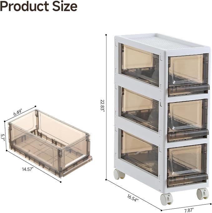 Plastic 3 Drawer Storage Organizer, Narrow Plastic Storage Drawers with Wheels, Storage Cart with Drawers for Small and Narrow Space, 7.87-inch Wide (gray) - Image 2