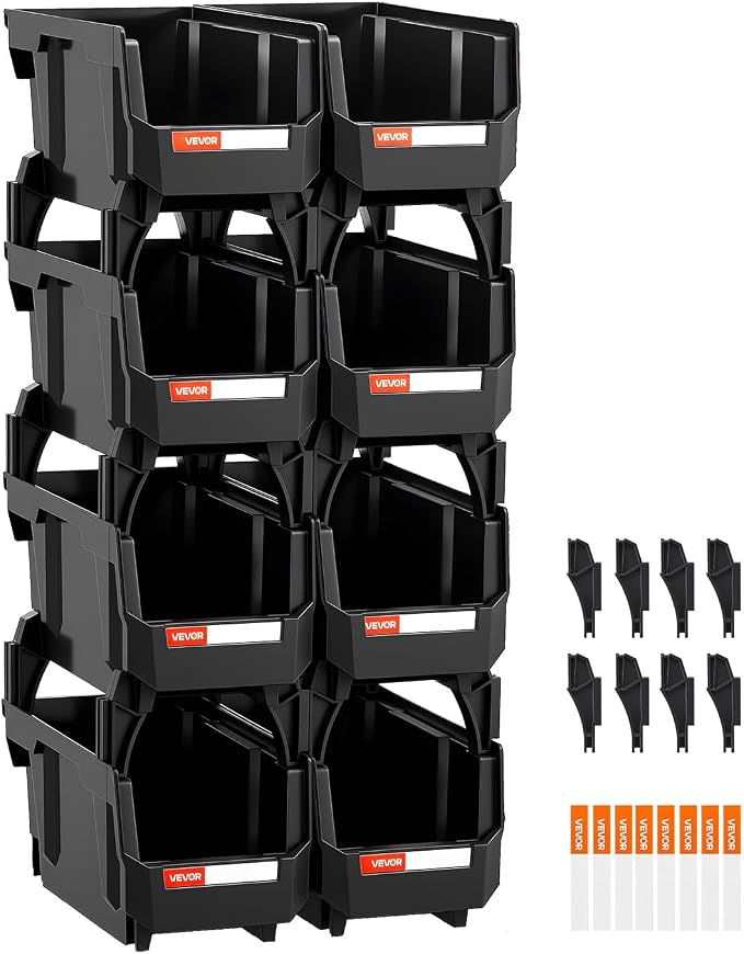 VEVOR Plastic Stackable Storage Bins, 10.9 x 5.5 x 5.1 inch (8 Pack), Plastic Containers for Organizing and Storage Bins for Closet, Garage, Small Parts, Office Supplies and Other Accessories, Black - Image 9