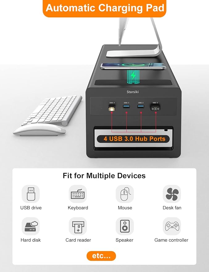 2 Tiers Dual Monitor Stand with Auto Charging Pad, 4 USB 3.0 Hub Ports, Double Monitor Riser, Metal Desk Stand with Storage, Long Screen Raiser for 2 Monitors/PC/Laptop/Computer Space Saver Organizer - Image 2