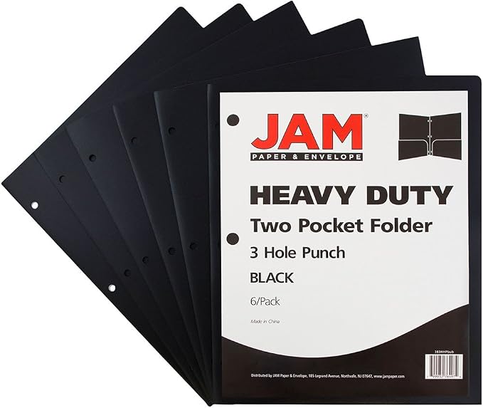 JAM PAPER Heavy Duty Plastic 3 Hole Punch Pocket Folders - Extra Tough School Folders - Black - 6/Pack - Image 2