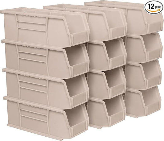 Akro-Mils 30224 AkroBins Plastic Storage Bins, 11"x 4"x 4", Stone, 12-Pack | Space-Saving Stackable Bins for Garage, Pantry, Craft Organization by Akro-Mils
