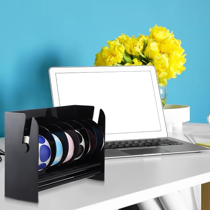 Qilery Adjustable Label Dispenser Acrylic Roll Sticker Dispenser Sticker Holder Organizer Label Stand for Holding Office Home Journal Business Use(7 Disks Black) - Image 6