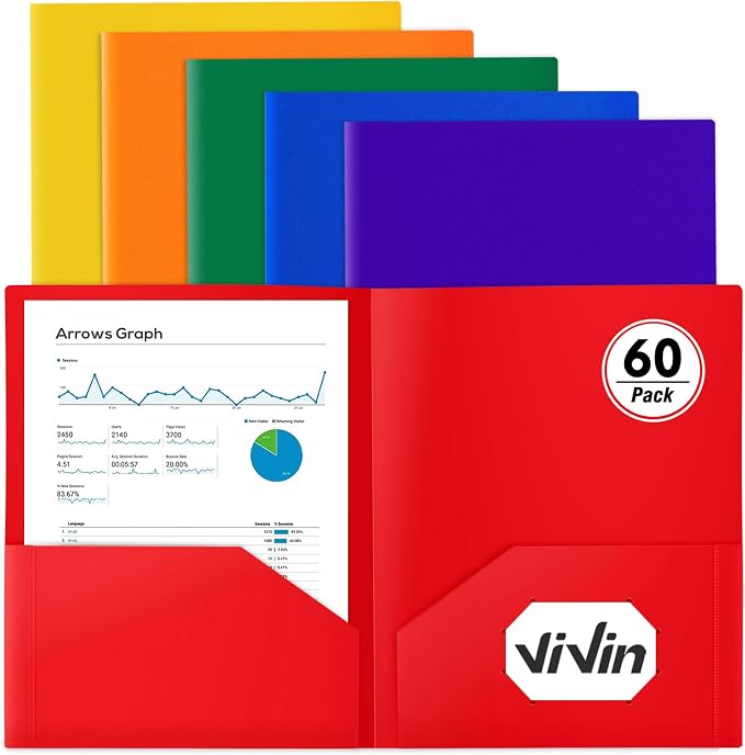 ViVin 60-Pack Plastic Folders with Pockets, 2-Pocket Letter Size, Assorted Color by ViVin