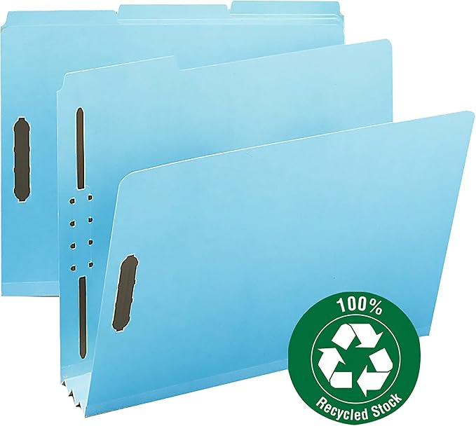 Smead 100% Recycled Pressboard Fastener File Folder, 2 Fasteners, 1/3-Cut Tab, 3" Expansion, Letter Size, Blue, 25 per Box (15002) - Image 2
