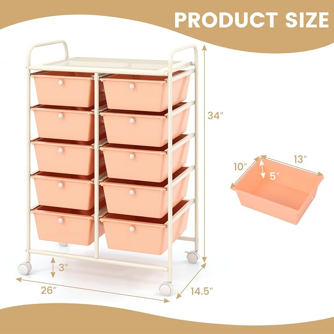 COSTWAY 10 Drawer Rolling Storage Cart, Utility Cart with Lockable Wheels | Mobile Art Supply Craft Organizer with Metal Frame, Multipurpose Drawer Cart for Paper for Office, School, Peach - Image 3