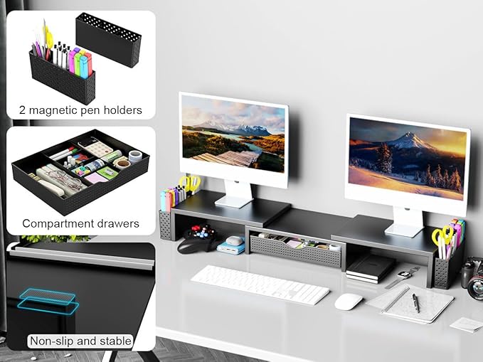 Spacrea Dual Monitor Stand Riser with Drawer and 2 Pen Holders | Monitor Riser Desk Organizers and Accessories,Desk Accessories & Workspace Desktop Organizers for Office Supplies (Black) - Image 4