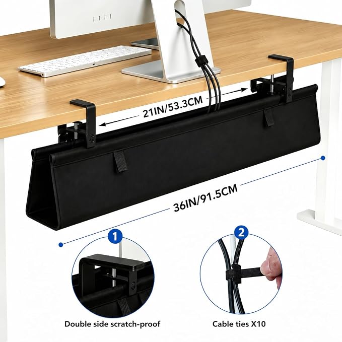 Under Desk Cable Management Tray 36", No Drill Clamp-On Design, Premium Oxford Fabric Cord Organizer Hides Power Strip & Messy Wires, Ideal for Home Office & Gaming Desk - Image 4
