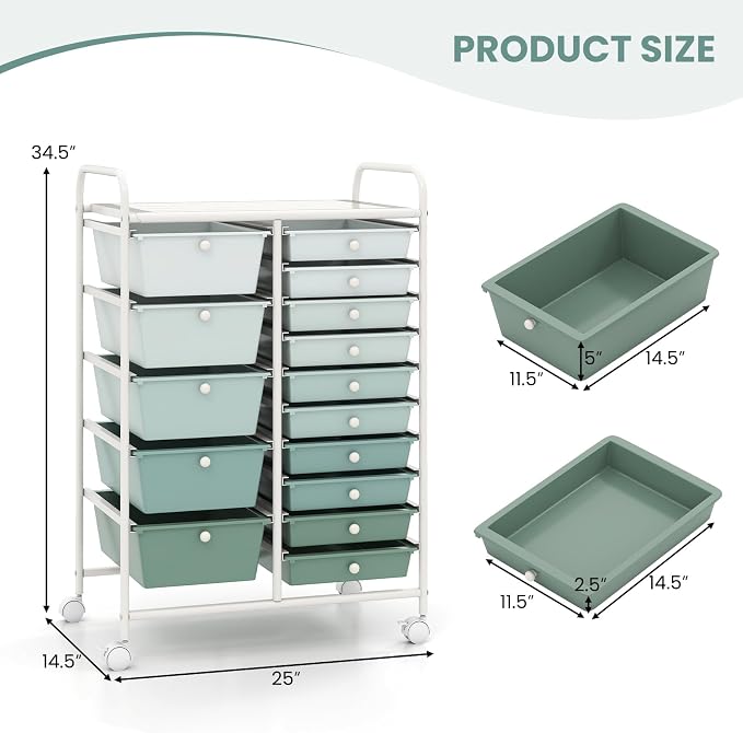 DORTALA 15-Drawer Rolling Storage Cart with Drawers, Rolling Utility Cart w/Removable Drawers & Universal Wheels, Tools Scrapbook Paper Organizer for School, Office, Home, Classroom (Gradient Green) - Image 3
