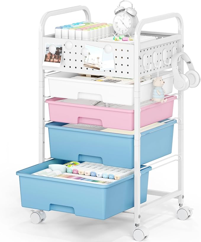 4 Drawer Rolling Storage Cart with Pegboard Top and Hooks, Pink&Blue | Mobile Organizer Cart with Wheels for Office Supplies, Craft Storage, Classroom Organization, Home Utility Cart by SYKIARIOL