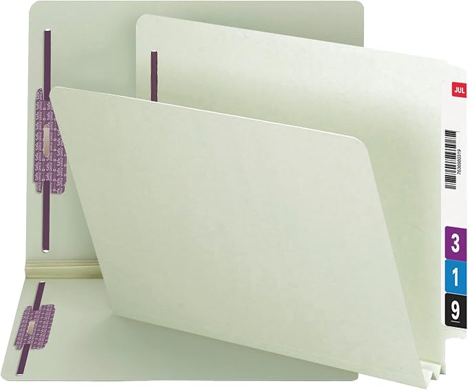Smead End Tab Pressboard Fastener File Folder with SafeSHIELD, 2 Fasteners, 2" Expansion, Letter Size, Gray, Green, 25 Count, 34715 by SMEAD