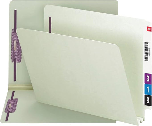 Smead End Tab Pressboard Fastener File Folder with SafeSHIELD, 2 Fasteners, 2" Expansion, Letter Size, Gray, Green, 25 Count, 34715 by SMEAD