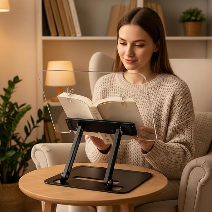 Acrylic Adjustable Book Stand, Reading Stand with Lift Design, High-Density Alloy Desktop Document Holder for Document Recipe, Cookbook, Music Book (Black) - Image 4