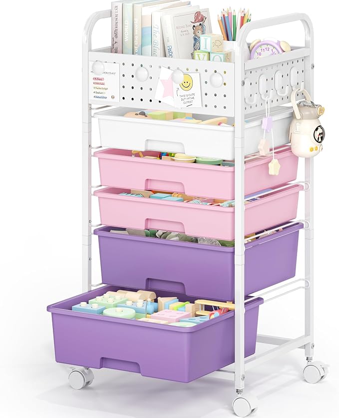 5 Drawer Rolling Storage Cart with Pegboard Top and Hooks, Dreamy Color | Mobile Organizer Cart with Wheels for Office Supplies, Craft Storage, Classroom Organization, Home Utility Cart - Image 9