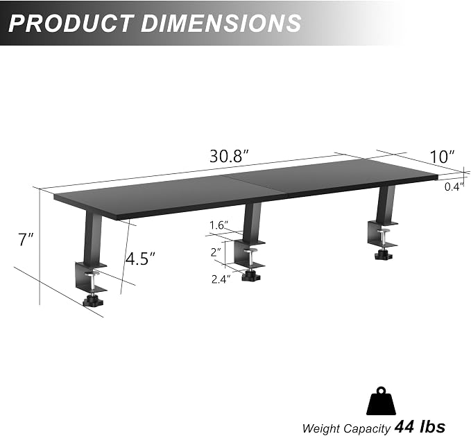 30-Inch Desktop Clamp-on Shelf & Monitor Riser, 2-in-1 Reversible Design – Fits Either Side of Desk, C-Clamp for Stability, Holds 44 lbs, for Gaming PC, Console & Office Setup - Image 7