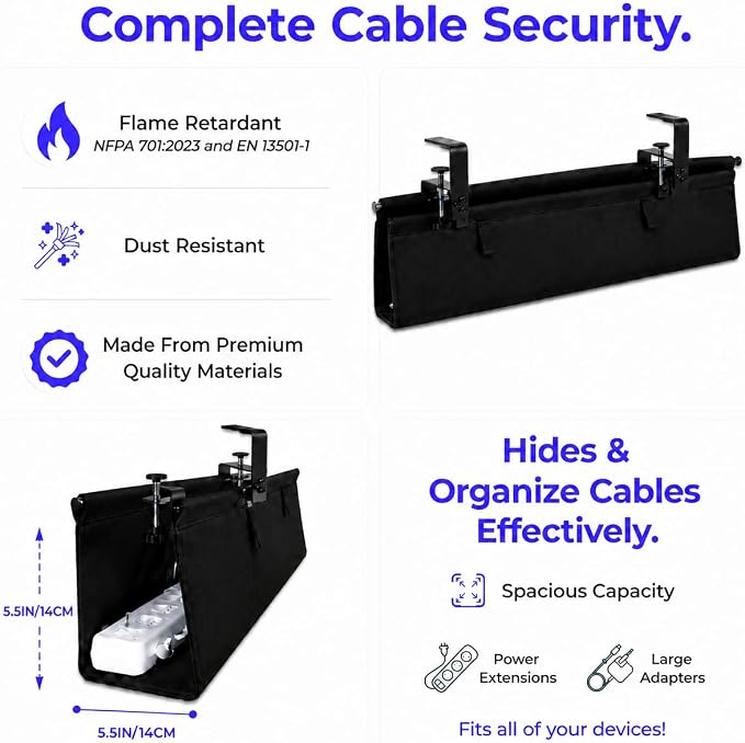 Under Desk Cable Management Tray 36", No Drill Clamp-On Design, Premium Oxford Fabric Cord Organizer Hides Power Strip & Messy Wires, Ideal for Home Office & Gaming Desk - Image 6
