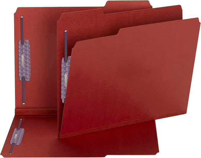 Smead Pressboard Fastener File Folder with SafeSHIELD Fasteners, 2 Fasteners, 1/3-Cut Tab, 2" Expansion, Letter Size, Bright Red, 25 per Box (14936) by SMEAD