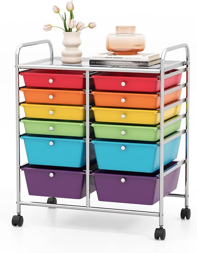 COSTWAY 12-Drawer Rolling Storage Cart, Moveable Art Craft Organizer | Lockable Wheels, Metal Shelf, Files Arrangement Tools Makeup Storage Cart for Office, Home, School (Multi-Color) by COSTWAY