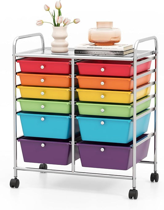 COSTWAY 12-Drawer Rolling Storage Cart, Moveable Art Craft Organizer | Lockable Wheels, Metal Shelf, Files Arrangement Tools Makeup Storage Cart for Office, Home, School (Multi-Color) by COSTWAY