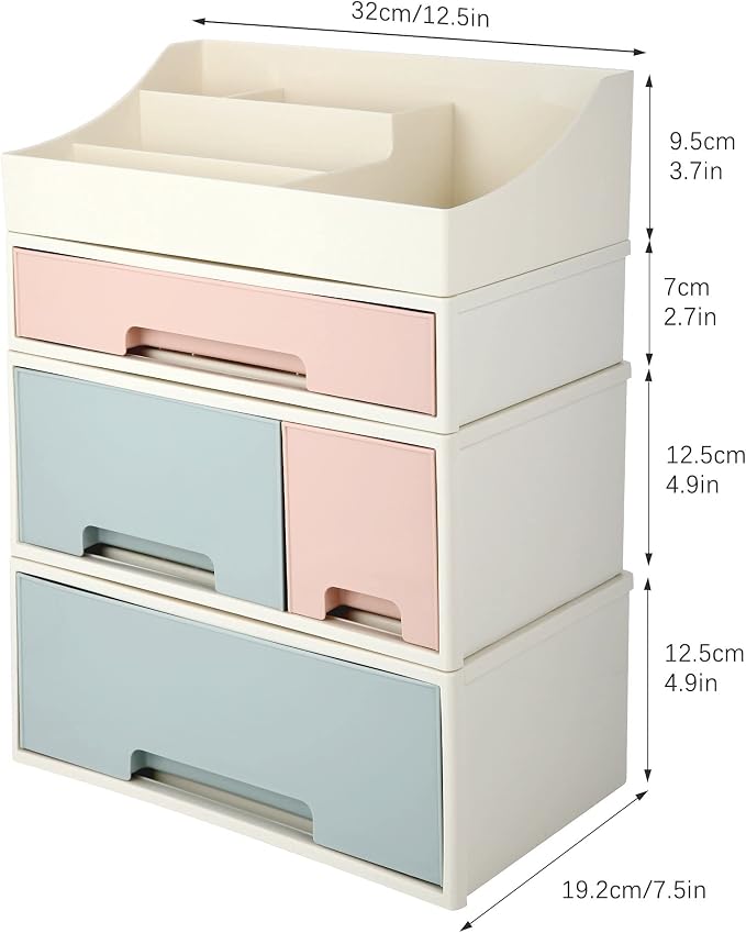 Makeup Organizer, Cosmetic Storage Box, [TCDF-09] Desktop Stationery, Remote Control Storage Box, Kitchen Spices Organizer Box, 4 Pieces 4 Drawers, 5 Slots, Blue, Pink and Green Assortment - Image 2