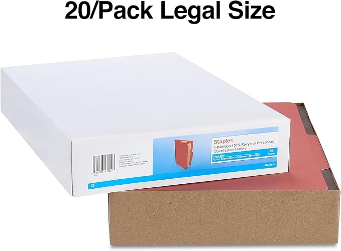 Staples Pressboard Classification Folders, Legal Size, 1‑Divider, 1.75" Expansion, Brick Red, Durable Construction – 40/Carton - Image 3
