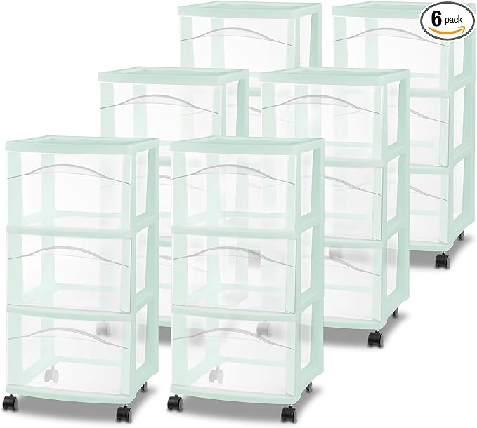 Sterilite 6 Pack 3 Drawer Storage Cart, Plastic Rolling Organization, Mint | Clear Plastic Organizer Drawers with Wheels for Craft Supplies, Bath Essentials, or Home Accessories by Sterilite
