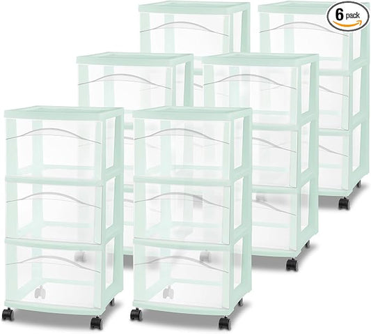 Sterilite 6 Pack 3 Drawer Storage Cart, Plastic Rolling Organization, Mint | Clear Plastic Organizer Drawers with Wheels for Craft Supplies, Bath Essentials, or Home Accessories by Sterilite