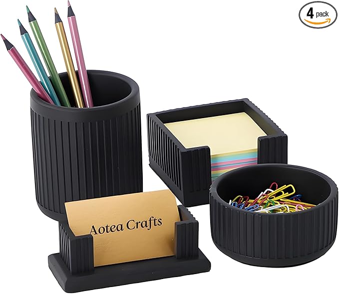 Set of 4 - Concrete Desk Accessories For Modern, Industrial, Minimalist Office Decor- Aesthetic Desk Organizers Accessories For Women or Men- Pen, Business Card Holder & Sticky Note, Paper Clip Holder