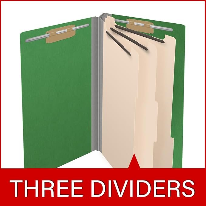 Ecom Folders End Tab Pressboard Classification Folders | Legal Size 25 Pt Type III Stock with 3 Dividers & 3" Tyvek Expansion | 2 Fasteners Pos 1 & 3 for Medical & Office Docs | Moss Green, Box of 10 - Image 8