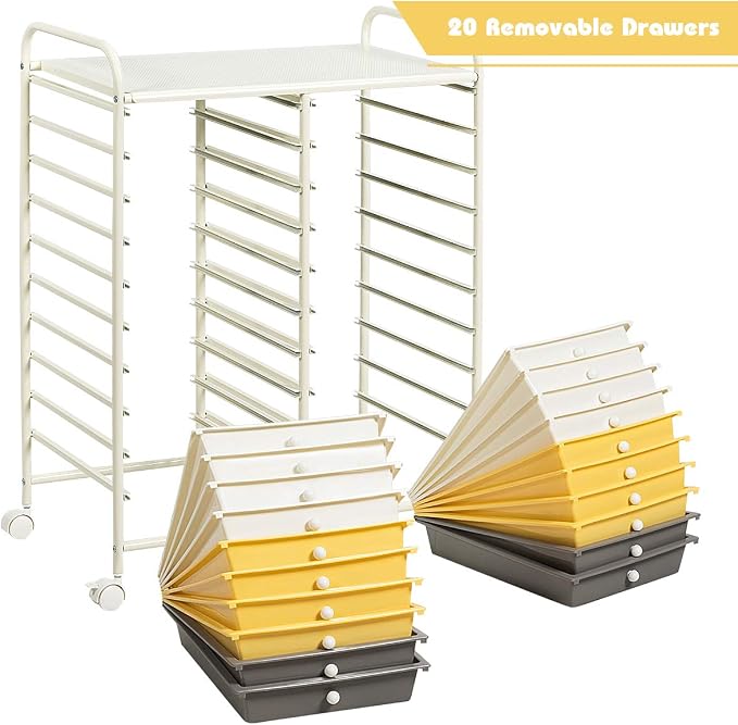 GOFLAME 20-Drawer Rolling Storage Cart, Multifunctional Art Craft Organizer Cart, Mobile Utility Storage Cart with Removable Drawers & Lockable Wheels, Craft Cart for Home Office School, Yellow - Image 7