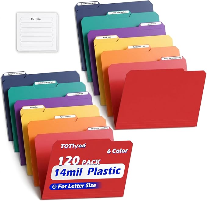 TOTiyea Heavy Duty Plastic File Folders with Tabs 14mil 120PACK Letter Size | Colored Poly File Folders with Strong Sticky Labels, Expandable Manila, for Hanging File System Office School Organization by TOTiyea