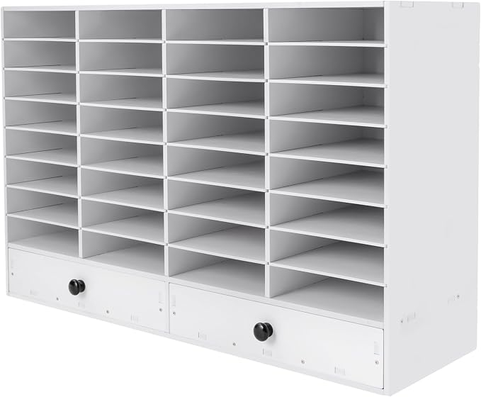 Mail Sorter Organizer, White Student Mailbox for Classroom, Desktop File Sorter, Literature Organizer, Paper Organizer for Home School Office (White 32 Compartment with 2 Drawers) by MhdunueSK