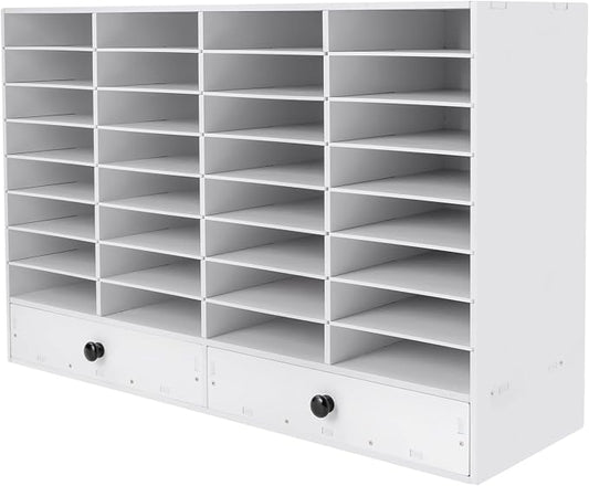 Mail Sorter Organizer, White Student Mailbox for Classroom, Desktop File Sorter, Literature Organizer, Paper Organizer for Home School Office (White 32 Compartment with 2 Drawers) by MhdunueSK