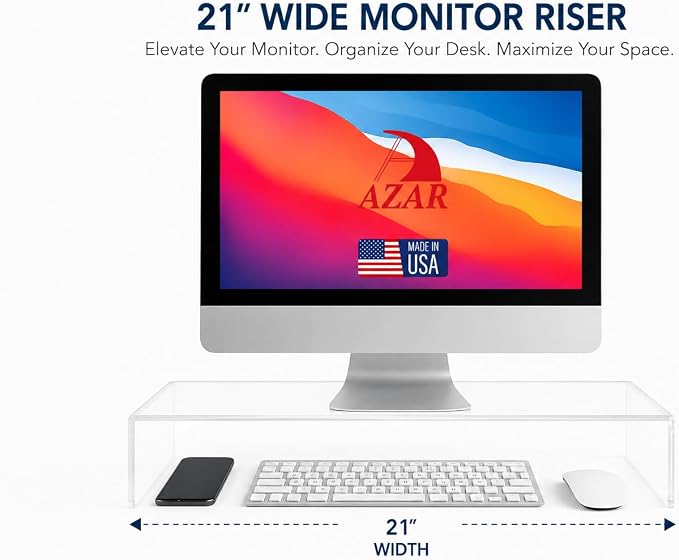 Azar 515360 Acrylic Monitor Stand Riser – Made in USA Laptop stand and Monitor Riser Acrylic Monitor Stand Riser Clear Laptop Stand for Desk Ergonomic Display Riser, Clear (21-Inch-Luxury Handcrafted) - Image 2