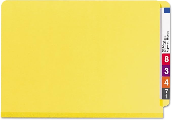 Smead 100% Recycled End Tab Pressboard Classification File Folder with SafeSHIELD Fasteners, 2 Dividers, 2" Expansion, Legal Size, Yellow, 10 per Box (29789) - Image 3