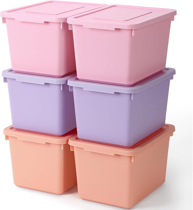 Potchen 6 Pack Small Stackable Storage Bins with Lids Plastic Storage Boxes for Classroom 9.8" ×7.3" ×5.7" Decorative Organizer Bins for Craft Art Office Teacher Supplies (Pink,Purple,Orange) by Potchen