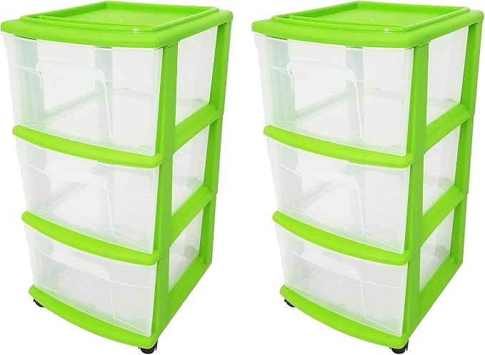 HOMZ 2-Pack Drawer Tower, 3-Tier Clear Plastic Storage Organizer Cart, Bold Lime Frame - Organizing Containers with Wheels for Home, Bathroom, Bedroom, Office, and Classroom - Image 8