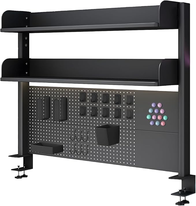 Clamp On Desk Pegboard Shelf, Black, 23.6in | Metal Desktop Organizer Hutch,Clamp-on Shelving System with 2 Shelves, Computer Desk Accessories,for Office, Dorm by jvsufuik