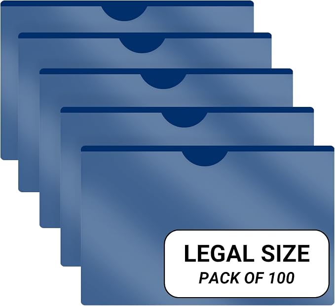 Doctor Stuff- 100 Pack, Vinyl Plastic Pocket File Folders Closed Sides, Legal Size, Clear Front Top Loading Job Jacket, Documents Holder for Office, High School and Medical Files, Navy Blue by DoctorStuff