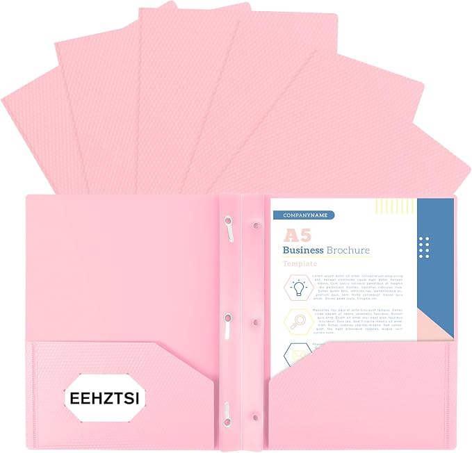 6-Pack Plastic andPockets and Prongs,2-Pocket and3 Fasteners, Pastel Folders Holds US Letter Size Paper for School/Office/Home, Pink by EEHZTSIOFFICE