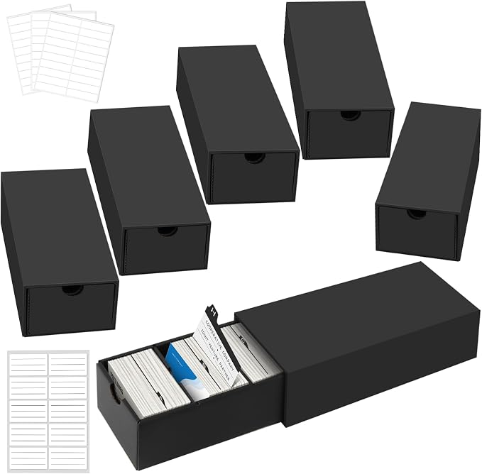 Business Card Storage Box 6 Pack, Stackable Card Organizer with Pull-Out Drawers and 24 Sections, Holds Up to 3000 Cards, Black Corrugated Desktop Filing Boxes with Labels by QLOUNI
