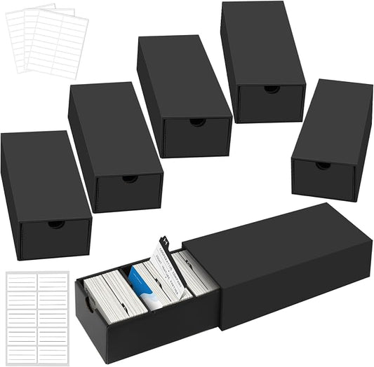 Business Card Storage Box 6 Pack, Stackable Card Organizer with Pull-Out Drawers and 24 Sections, Holds Up to 3000 Cards, Black Corrugated Desktop Filing Boxes with Labels by QLOUNI