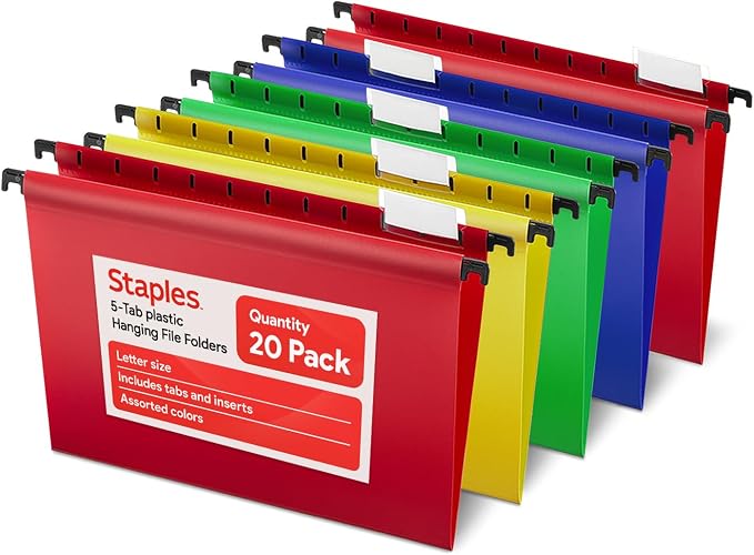 Staples® Hanging File Folder, 5-Tab, Letter Size, Assorted, 20/Box (ST13324/TR13324) by Staples