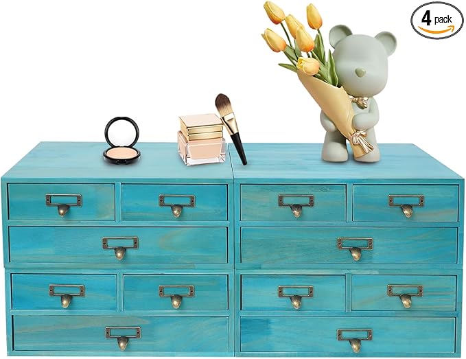 4 Pcs Vintage Desktop Organizer Set, Wooden 12 Drawer Storage Cabinets with Metal Handles & Label Slots, Stackable Apothecary Chest for Office, Herb, Tea, Jewelry and Stationery Organization (Blue) by Unknown